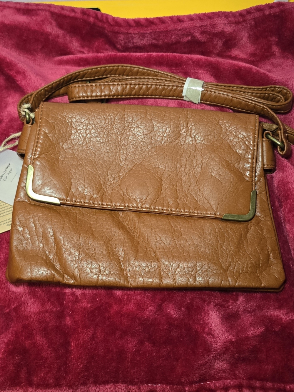 Textured Tan Crossbody Bag with Gold Corner Accents